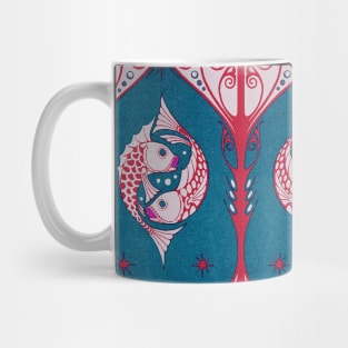 FISHES UNDERWATER WITH SEA PLANTS Blue Red White Art Nouveau Nautical Decor Mug